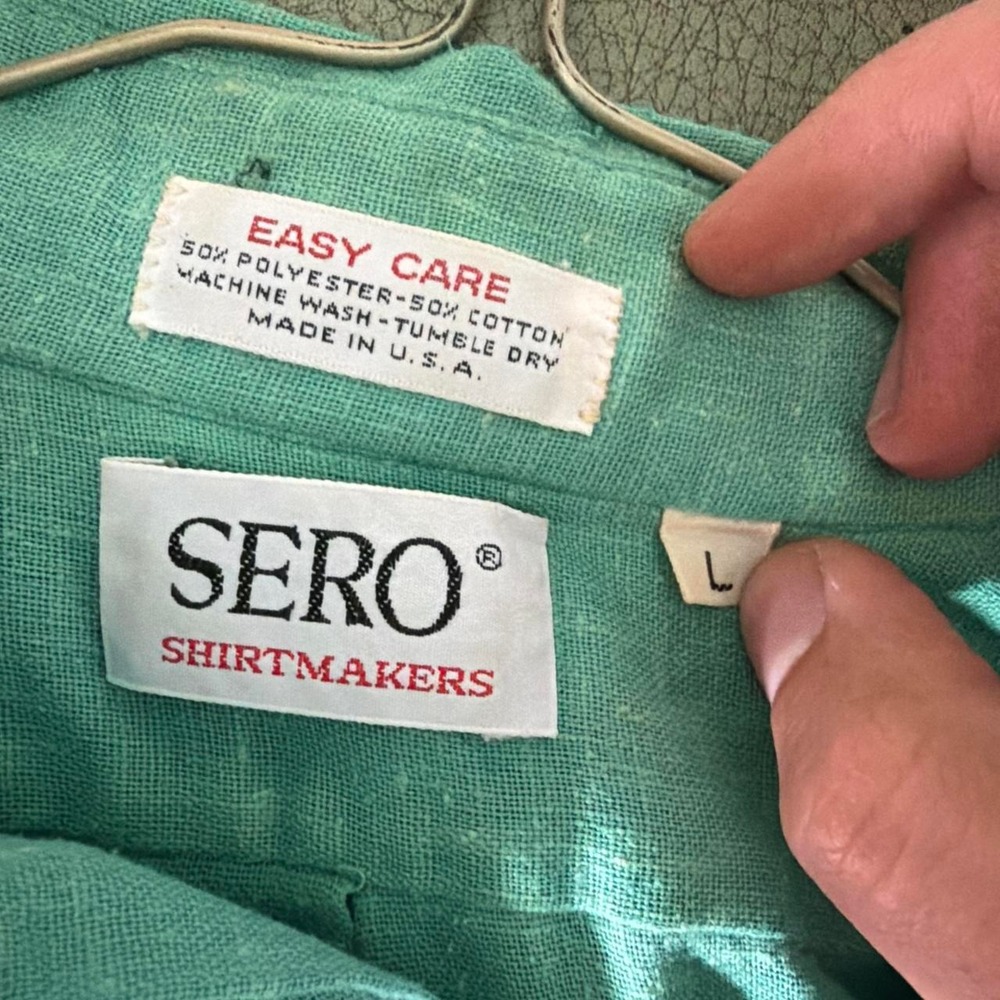 Vintage 1970s Sero Mens Linen Blend Short Sleeve Button Down Shirt Green Large